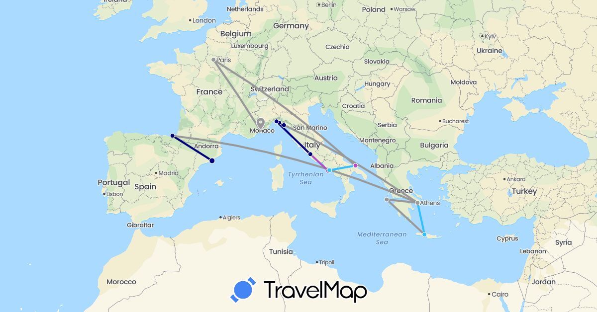 TravelMap itinerary: driving, plane, train, boat in Spain, France, Greece, Italy (Europe)